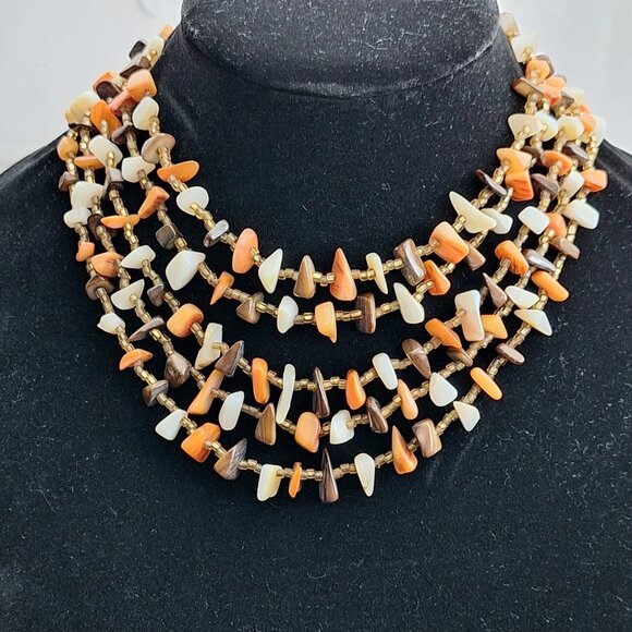 Vintage Multi Strand Stone Necklace Statement Choker - Brown Orange Cream - Picture 2 of 7